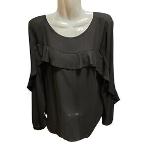 LOFT Black‎ Ruffle Front Keyhole Back Long Sleeve Sheer Blouse Top Size S